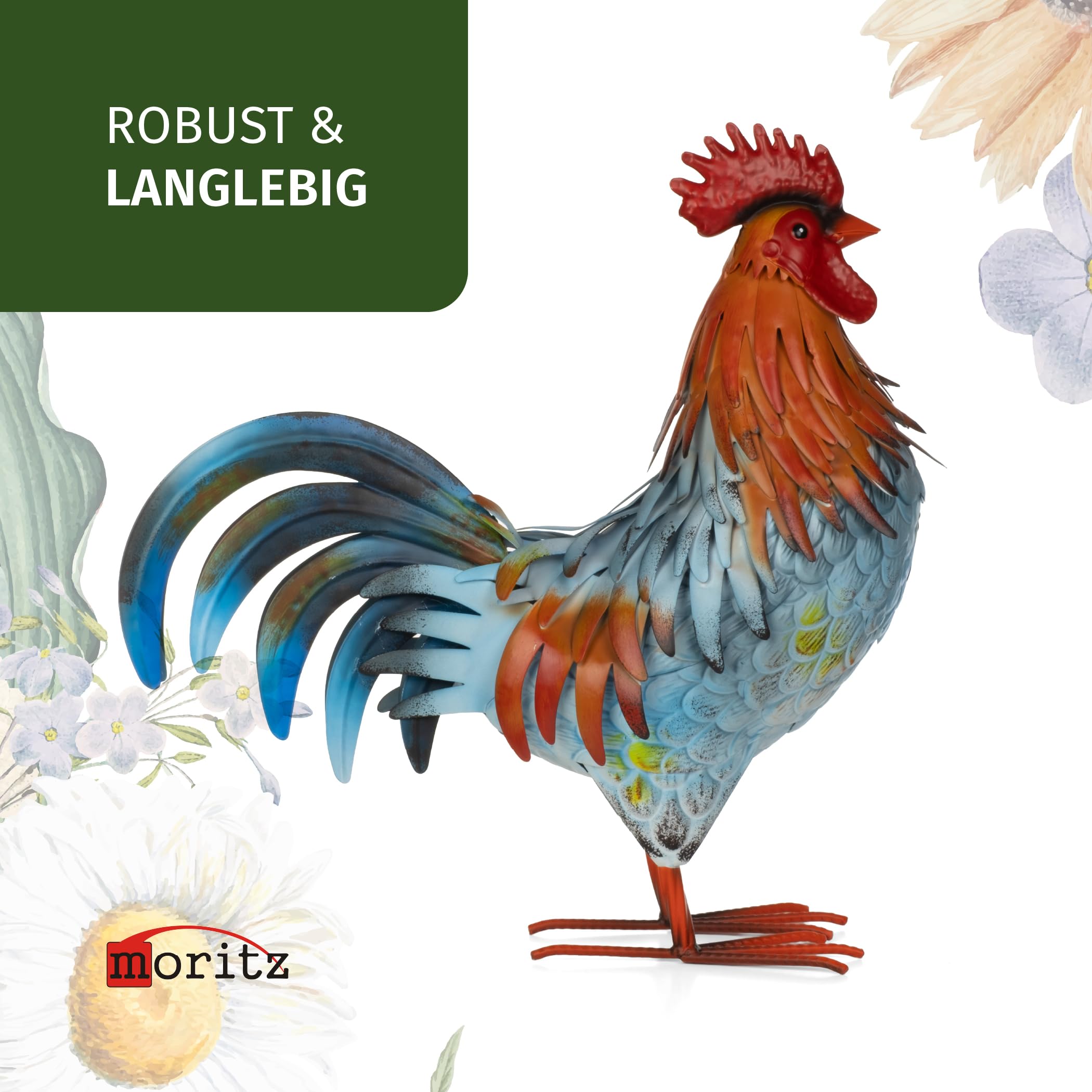 Moritz Deko Hahn Blau-Orange 46 cm - Gartenfigur Hühnerfigur aus Metall handbemalt - Landhausstil Vintage bunter Gockel freistehend für Garten Terrasse Balkon - Geschenk Frühling Ostern Muttertag