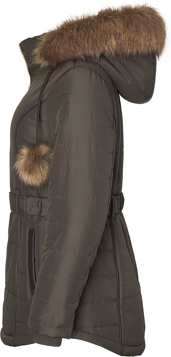 Sportoli Women's Down Alternative Long Belted Puffer Coat with Fur Trim Detachable Hood - Dark Sage (Largre)