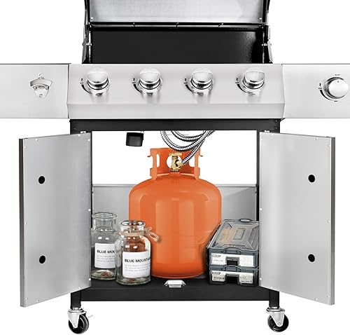 Miniatura 7 de Parrilla de barbacoa de gas propano de 4 quemadores con quemador lateral, parrilla de gas con rejillas de hierro fundido esmaltado para patio al