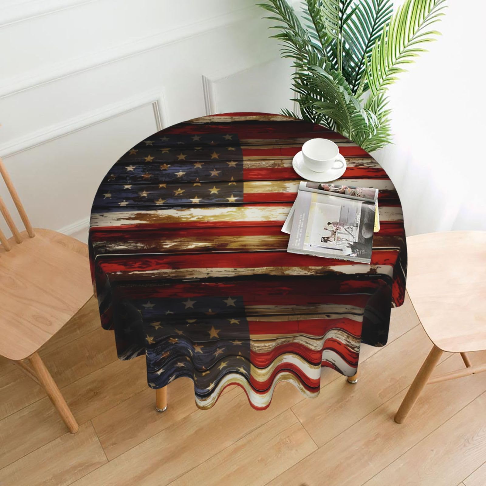 YYHHAOFA American Flag USA Plank Prints 60in Round Decorative Tablecloth – High-Grade Polyester Throw Cover for Dining, Parties, and Outdoor Events