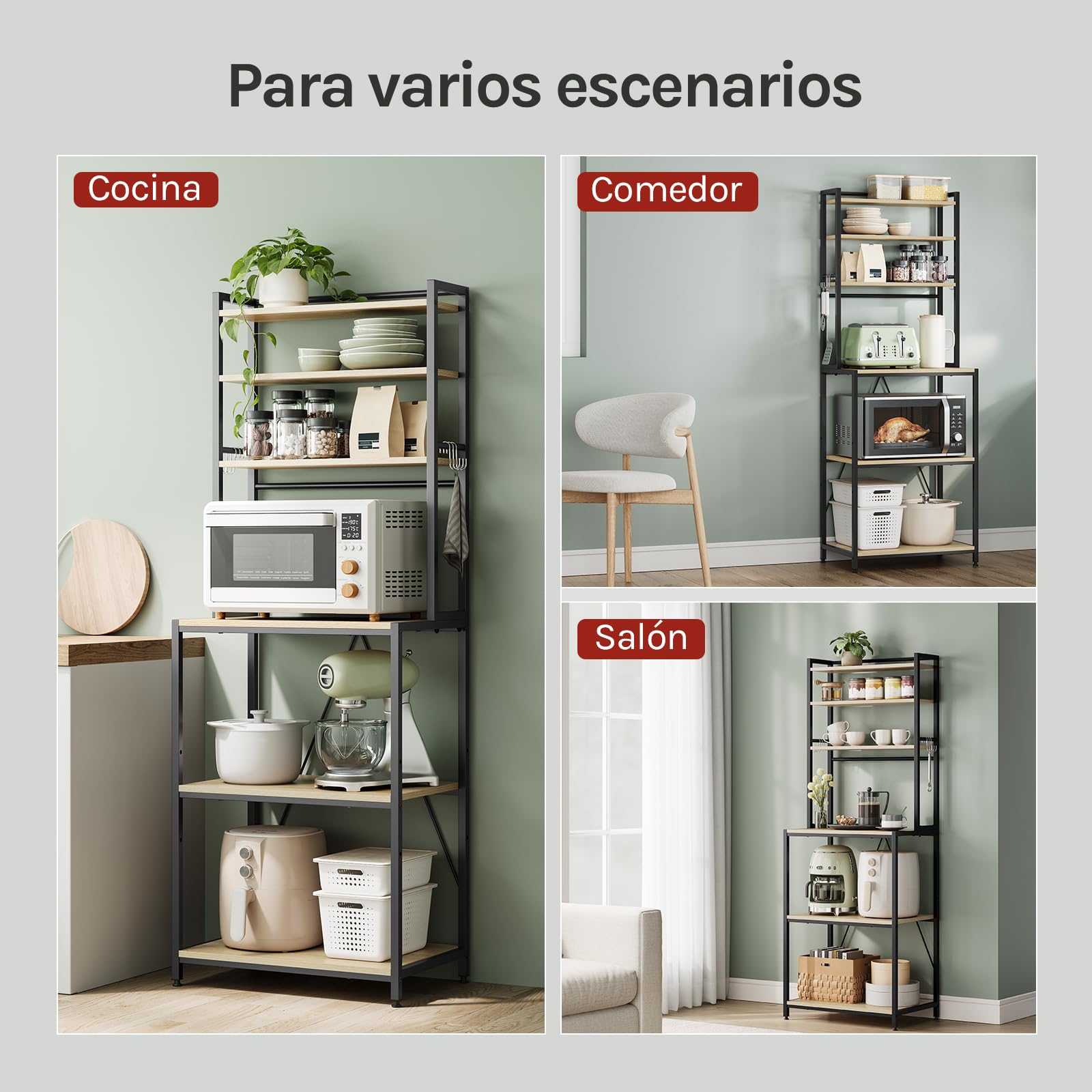 WOLTU Estantes de Cocina de 6 Niveles, Estanteria Almacenaje con 6 Ganchos, Organizador Cocina, Mueble para Microondas, Metal + Madera, 60x40x167 cm, Roble Claro+Negro