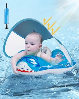 2023 Newest Baby Swimming Float with SPF 50+ Sun Canopy, Inflatable Baby Pool Float for 3-36 Months, Adjustable Safety Bottom Support, No Flip Over Baby Swimming Ring with Anti-Flip Tail and Air Pump