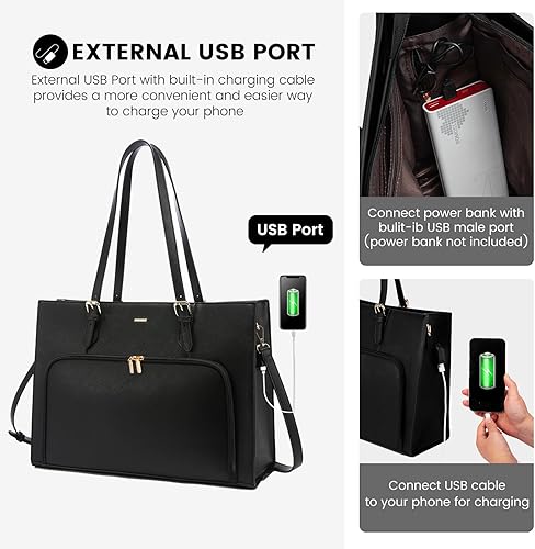 Miniatura 7 de Bolsa para laptop para mujer de 15.6 pulgadas, impermeable, bolsa de trabajo con puerto de carga USB, de piel sintética, bolsa de hombro de gran