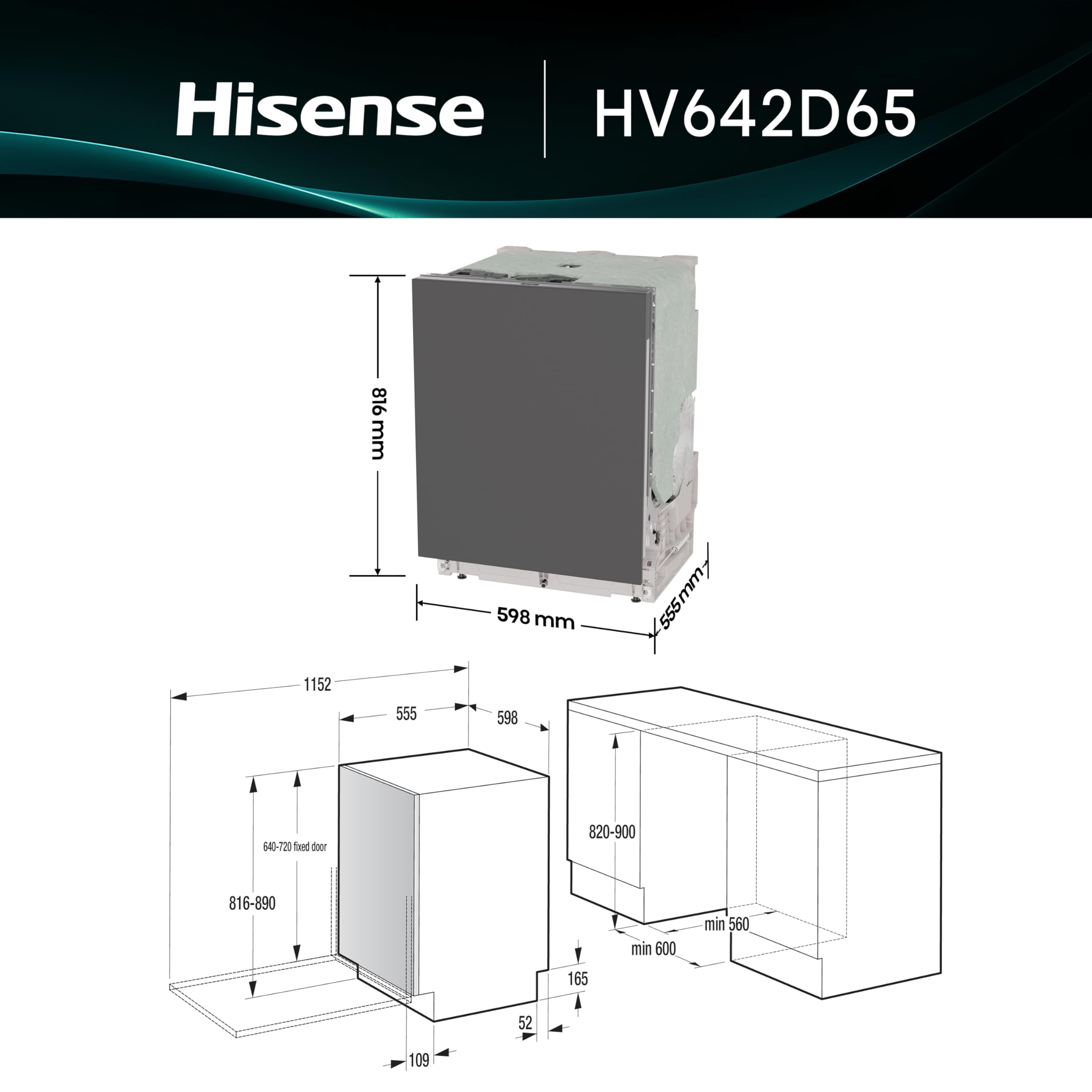Hisense HV642D65 NUOVA Lavastoviglie da Incasso 60 cm, 14 Coperti, Apertura Porta Automatica, Cesti Flessibili, 6 Programmi, Classe Energetica D