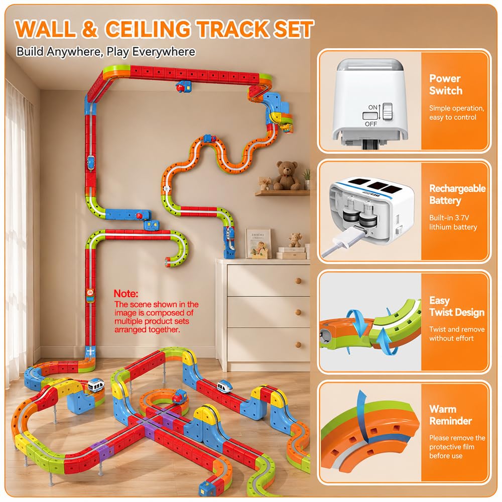 Tren Juguete, 81 Pezzi DIY Cube Track, Tren Magico de Cubos con Trenes Electricos, Pista Coches Flexible con Tracciati 3D Che Sfidano la Gravità, Blocchi Magnetici