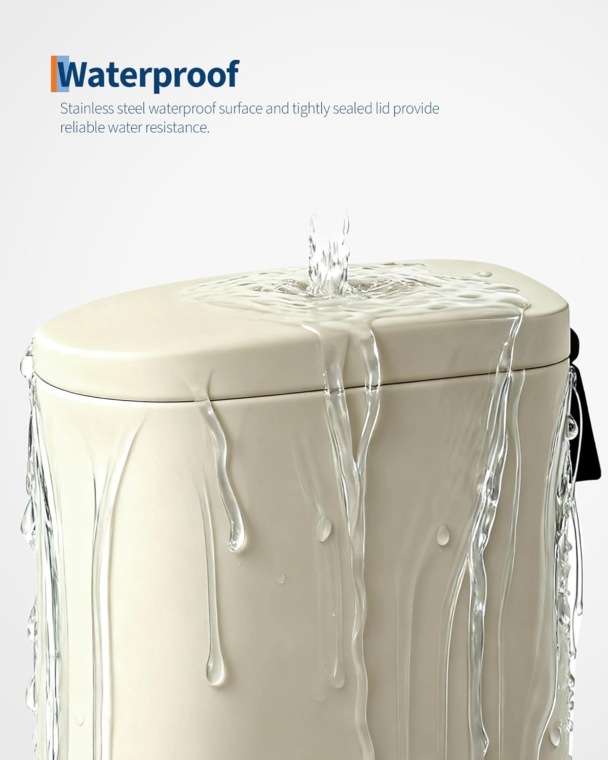 Garvee 2.6 gal / 10 L Metal Bathroom Trash Can with Lid, Slim Waterproof Garbage Can for Bedroom, Small Step-on Trash Bin with Inner Bucket, Rear Handle, Soft Close Lid, Sand Beige