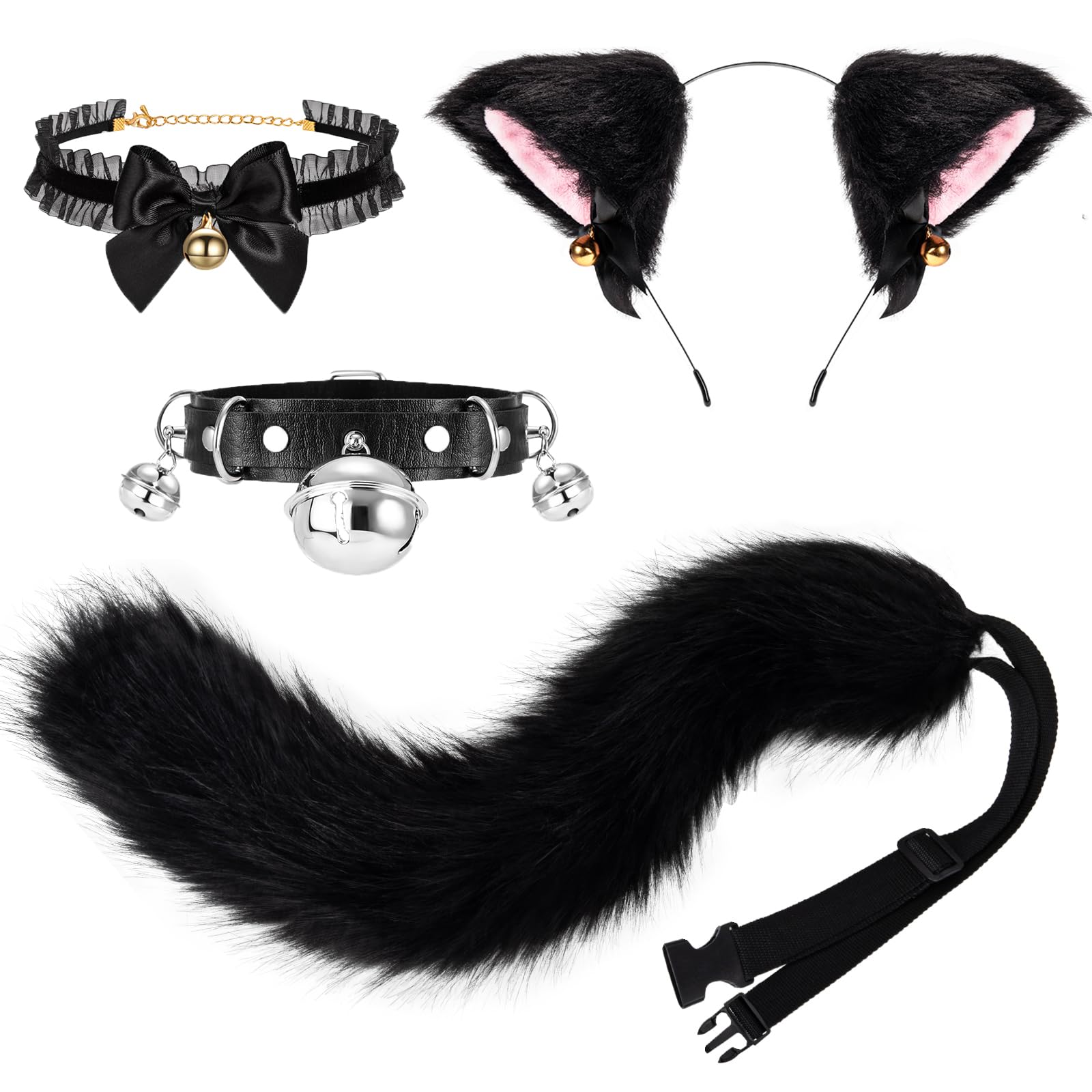 PHOGARY Cat Ears and Tail Set Wolf Fox Animal Cosplay Costume Kit with Ears Headband, Cat Fox Wolf Furry Tail, Bell Choker Necklace for Adult