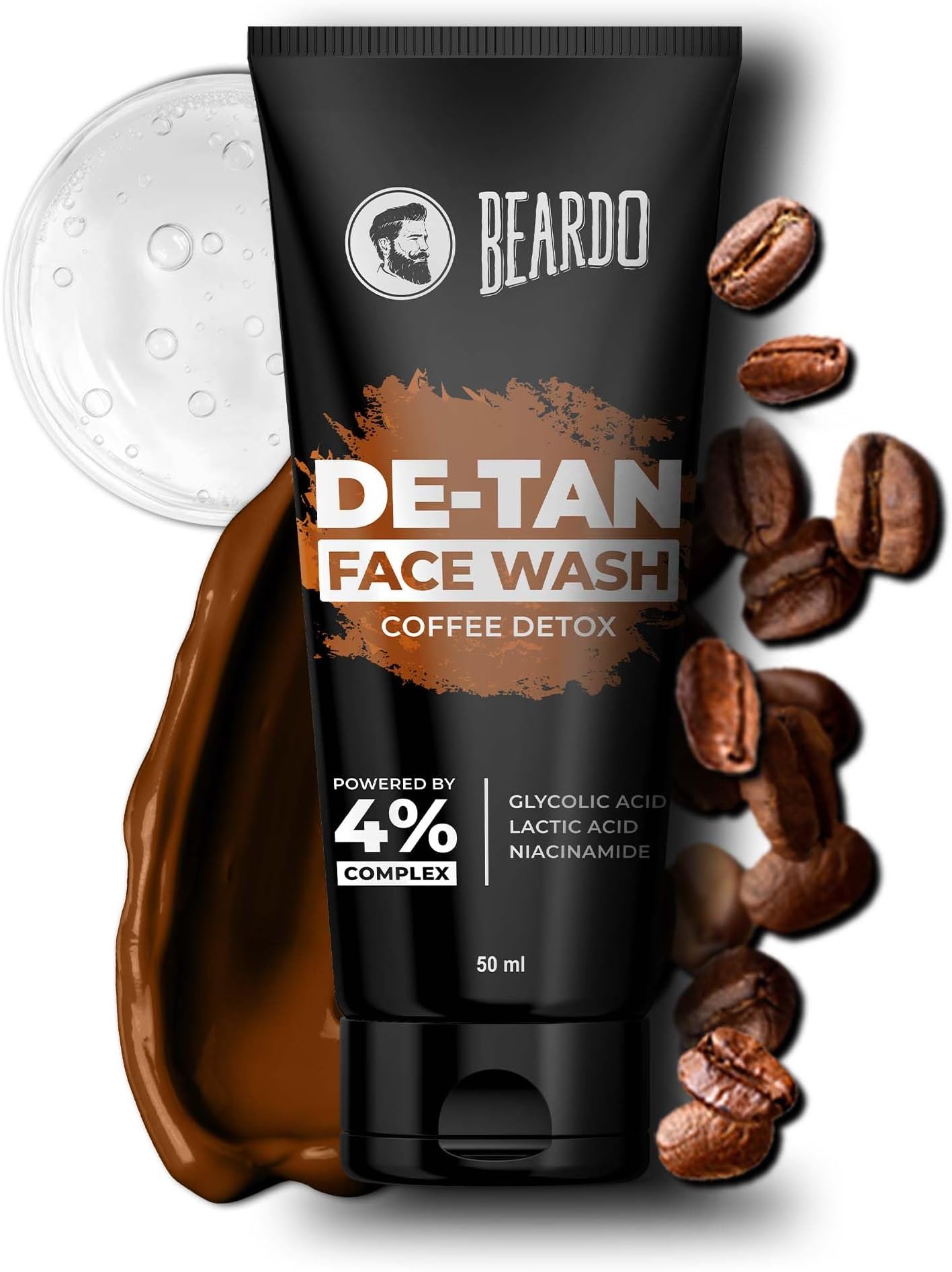 BEARDO DeTan Face Wash for Men, 50ml | Glycolic Acid,Niacinamide & Coffee | Helps to Reduce Tan,Reduce Dark Sports & Pigmentation | Exfoliates & Hydrates for Smooth & Oil Free Skin