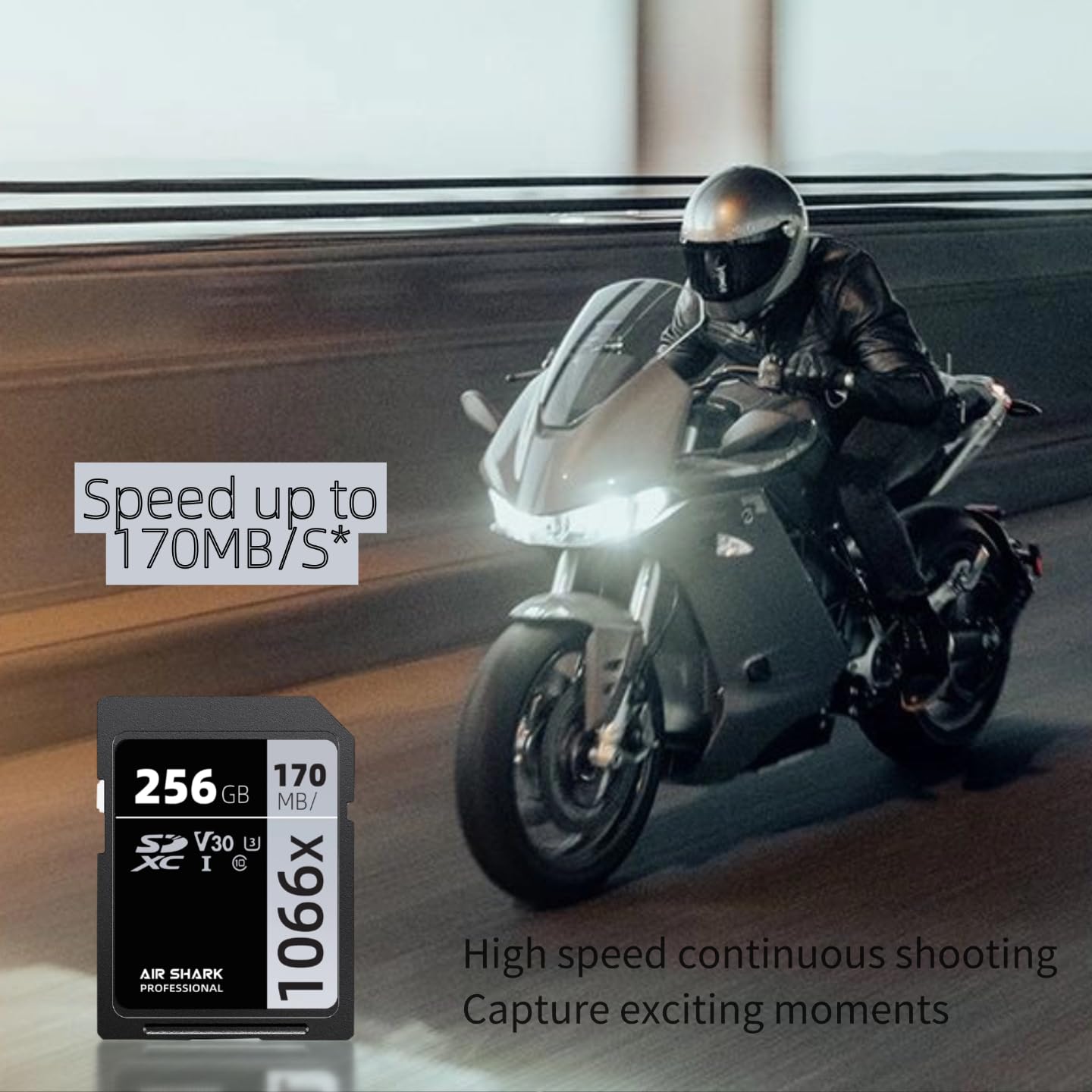 Air Shark - Tarjeta de memoria SDXC profesional, 64 GB, V30 clase 10, velocidad de transferencia de 170 MB/s