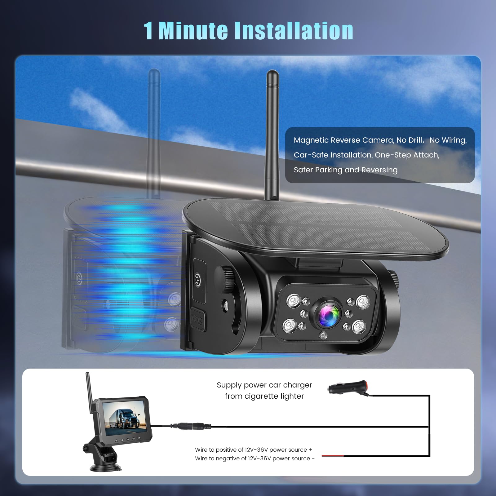 Hikity Telecamera Retromarcia Wireless Solare Magnetica con Monitor 5'' IPS | IP69 Impermeabile Telecamera Visione Notturna 10000-mAh-Akku Telecamera Posteriore Auto per Camion Camper