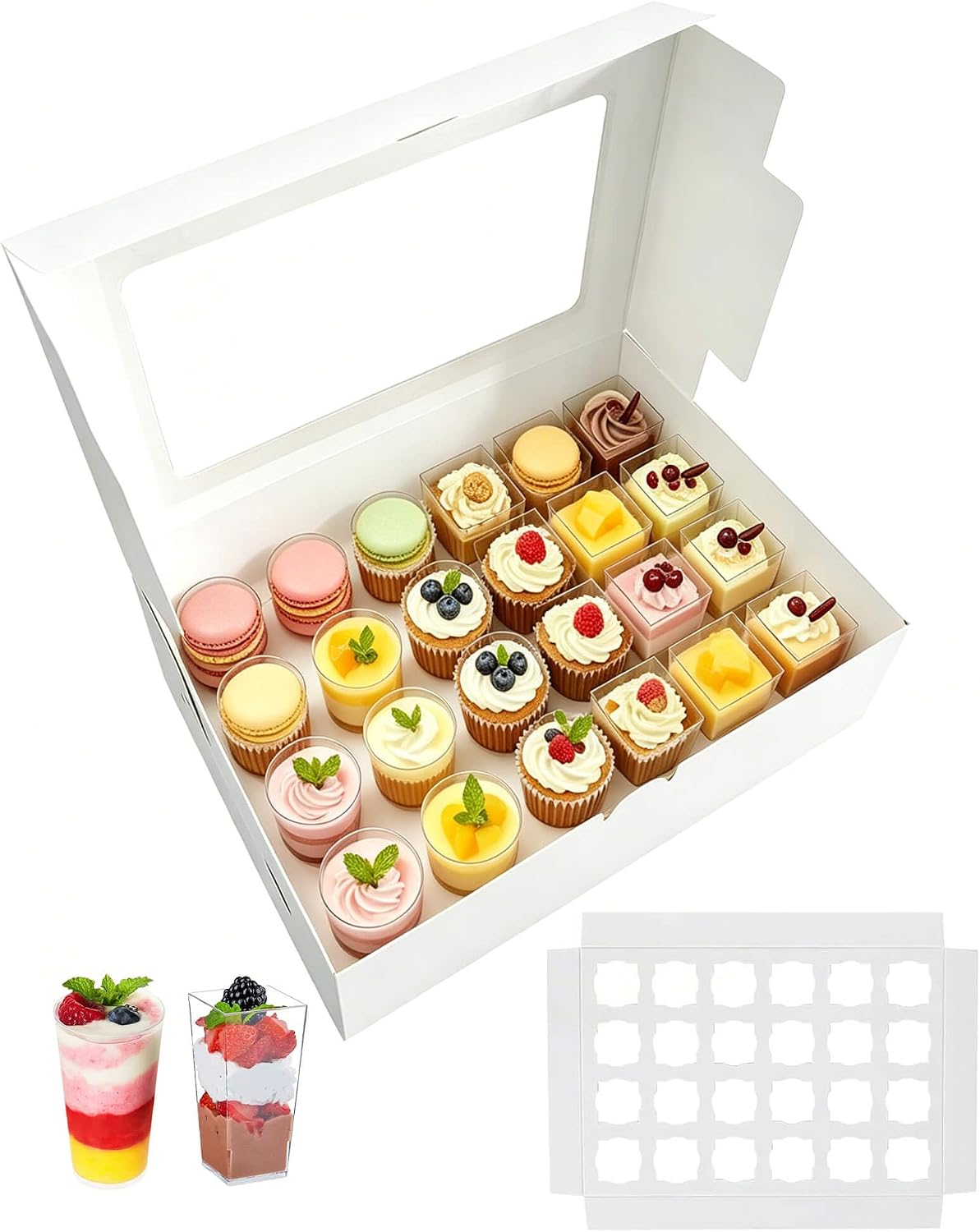 Esvara Dessert Shooter Boxes - 6 Pack, Food Grade Cardboard Dessert Cup Holder Box with Window and Insert Tray, Holds 24 Count 3 oz Shooter Cups for Party、Catering、Bakery、Wedding、Takeout、Display