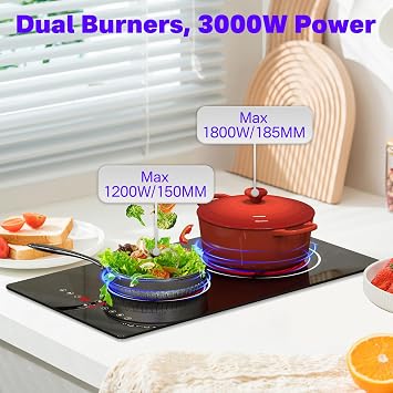 Ceramic Hob 2 Zones, Plug in 2 Ring Electric Hob, Built-in & Countertop Stove Top with 9 Power Levels Touch Control, Child Lock, All Pots Compatible, 3000W Double Electric Hob
