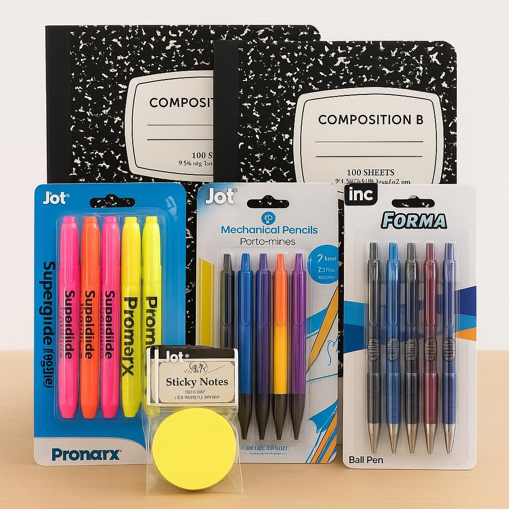 Back-to-School Essentials Bundle – 19-Piece Set with 2 Composition Notebooks, Highlighters, Sticky Notes, Mechanical Pencils & Ballpoint Pens – Ideal for Students, Teens & College