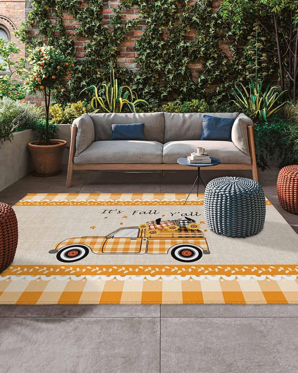 Absorbant Area Rug, Thanksgiving It's Fall Y'all Truck Pumpkin Orange Checkered Outdoor Non-Slip Bottom Carpet Mat for Patio Camping Rv Picnic Backyard Deck Balcony Porch Beach 4x6 ft