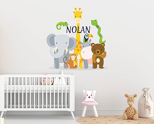 Miniatura 9 de Calcomanía de pared con nombre personalizado de animales de la selva, diseño de animales de zoológico de safari para bebé, calcomanía de pared para