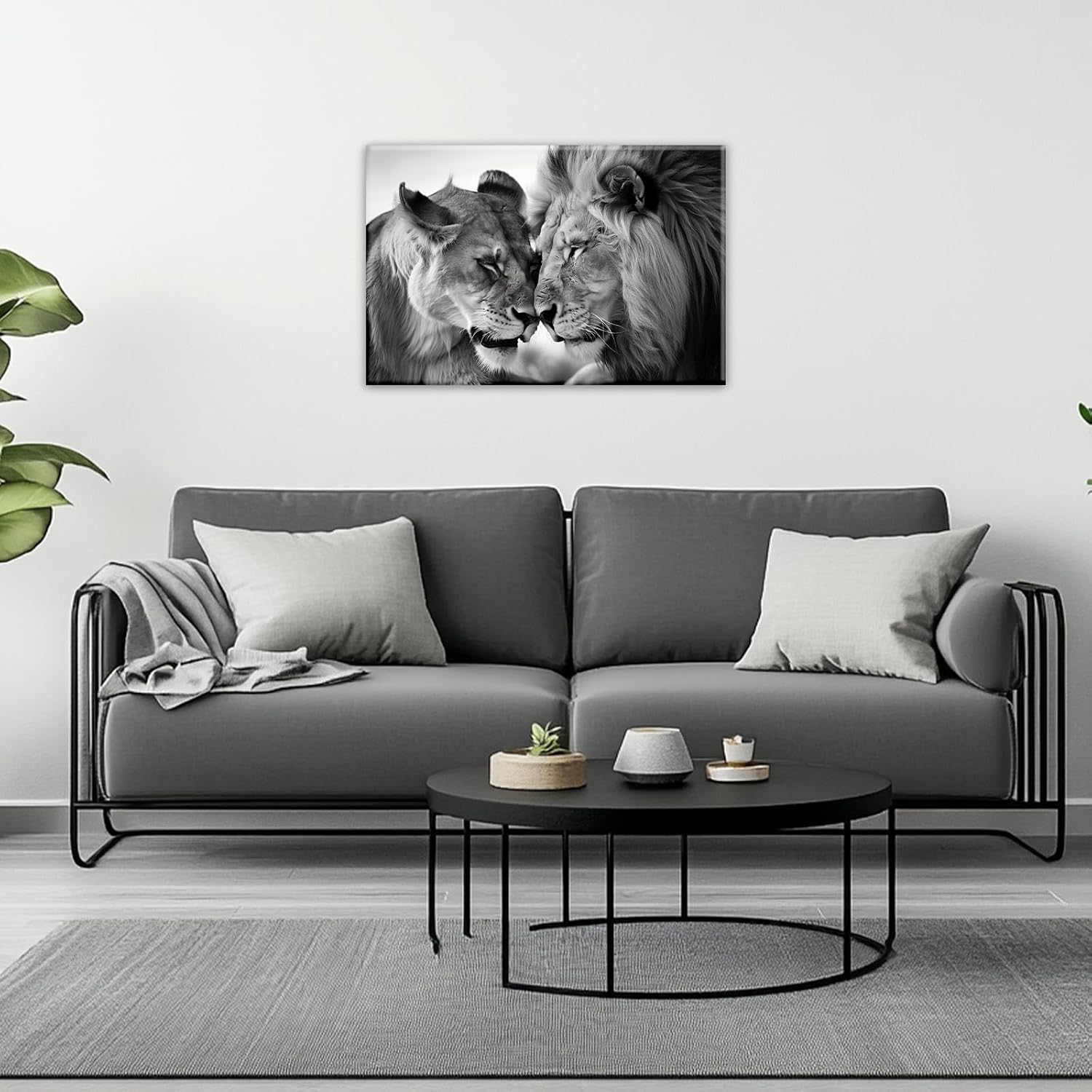 GLOKAKA Wild Animal Canvas Wall Art Gray And White Couple Lion Poster Wall Decor Romantic Theme Animal Painting Modern Home Decoration Ready To Hang