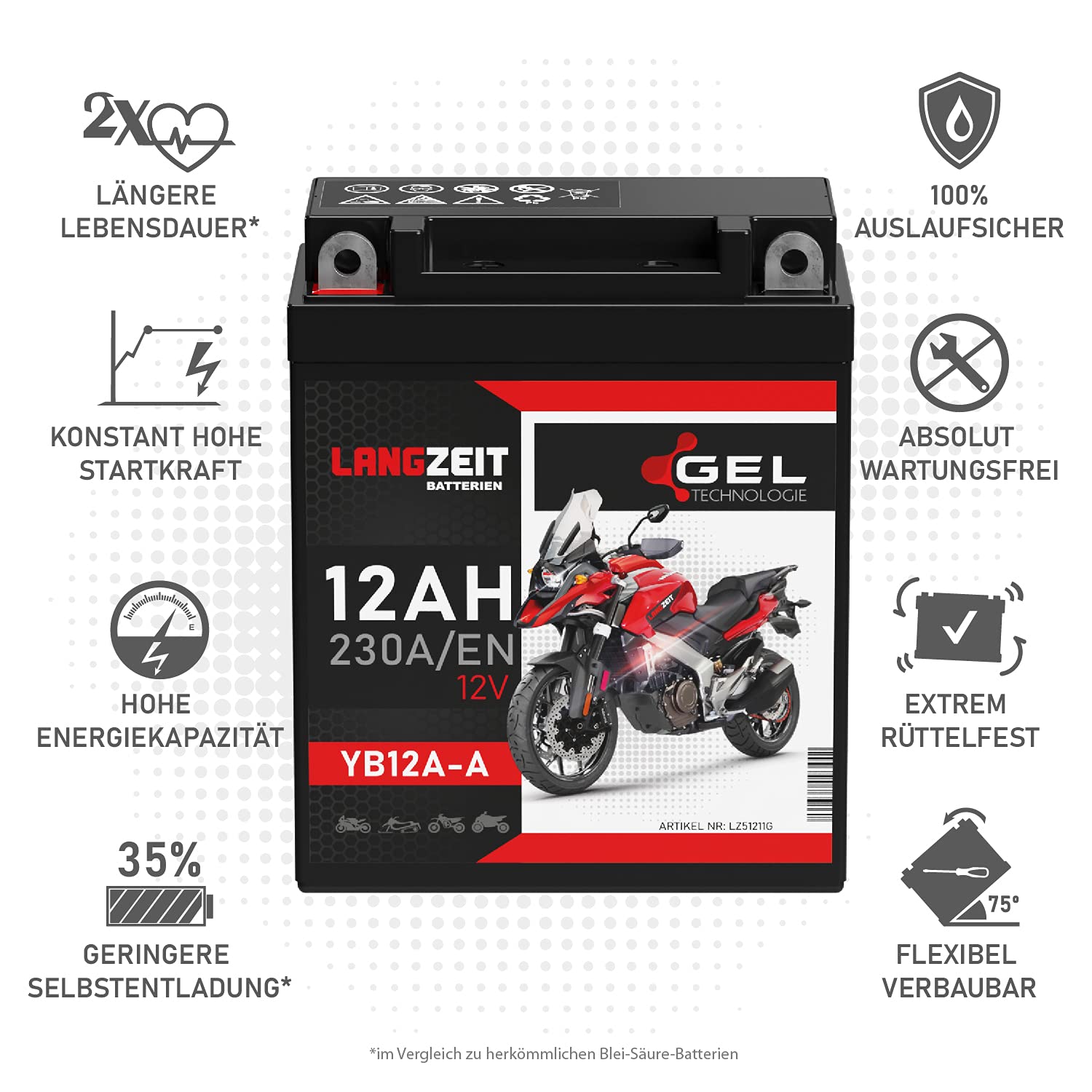 LANGZEIT YB12A-A batteria moto 12V 12Ah GEL 51211 YB12A-B CB12A-A scooter senza manutenzione
