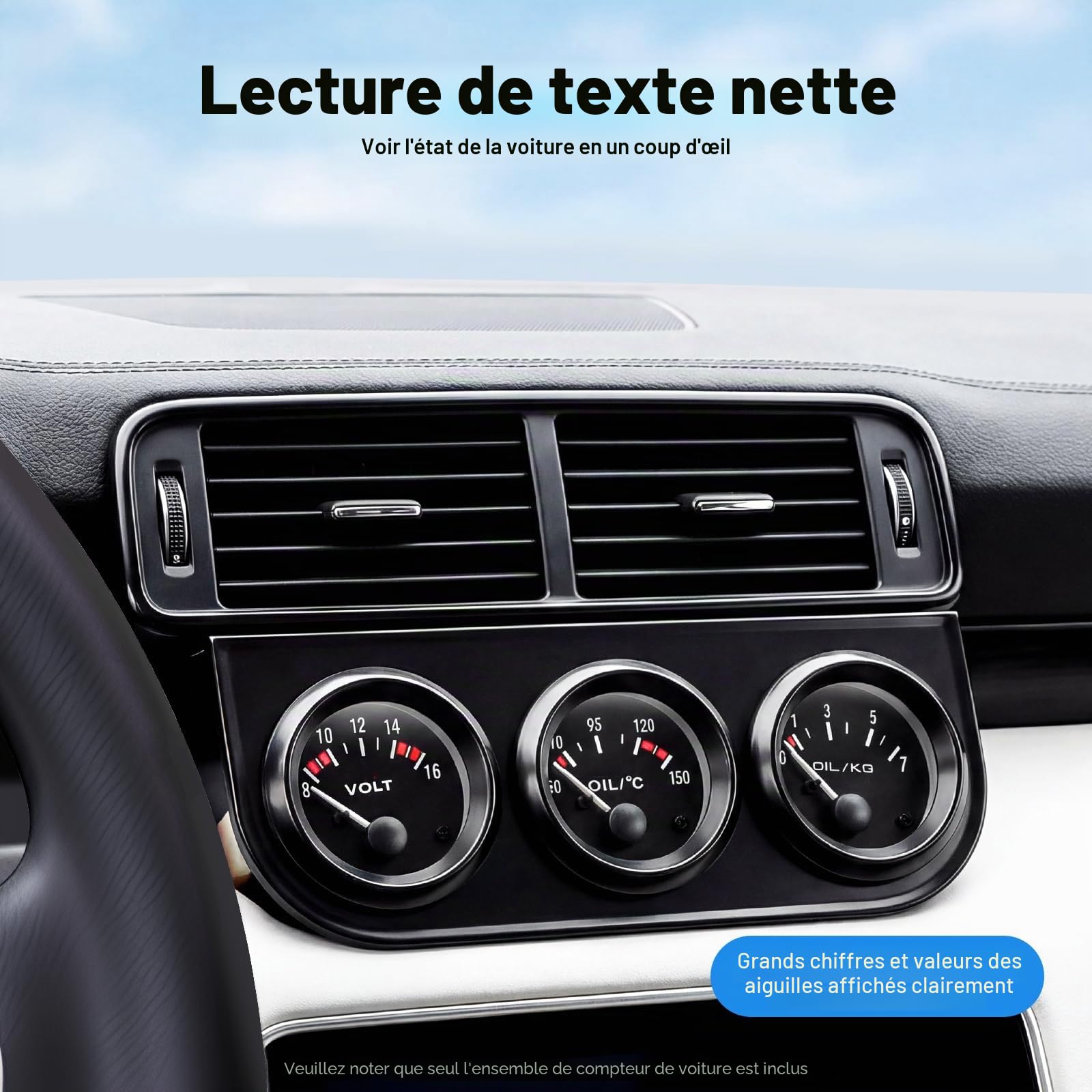 Instrument supplémentaire - Affichage de la température de l'huile 3 en 1 - Température de l'huile + pression d'huile + indicateur de voltmètre - Voltmètre - Instruments supplémentaires - Noir - 52 mm
