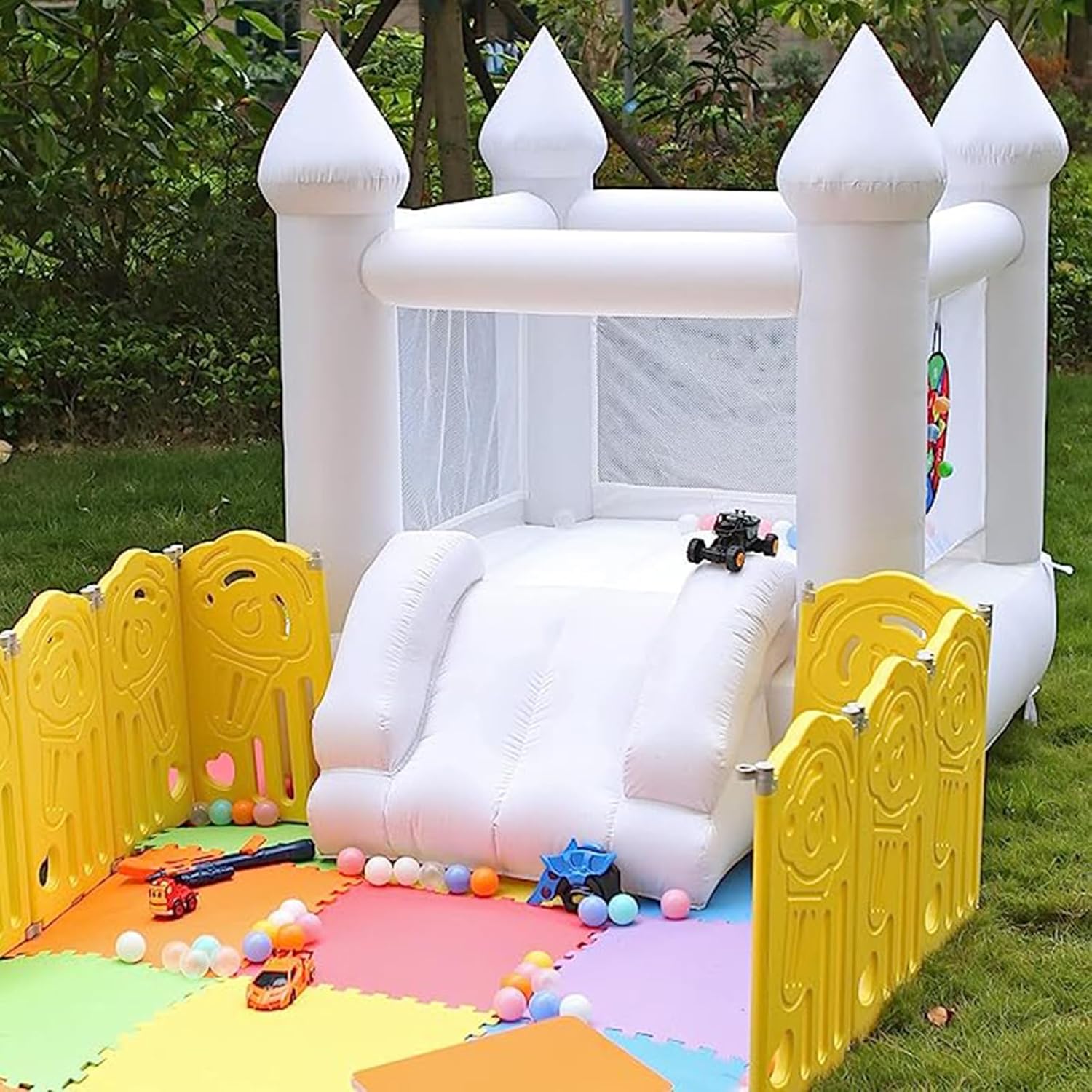 White Bounce House Outdoor Indoor Full PVC Bounce House for Kids 2-8 Toddlers Bouncy Castle with Slide & Blower,96 x 72 x 80 inch,100 Colorful Balloons Easter Party Gift