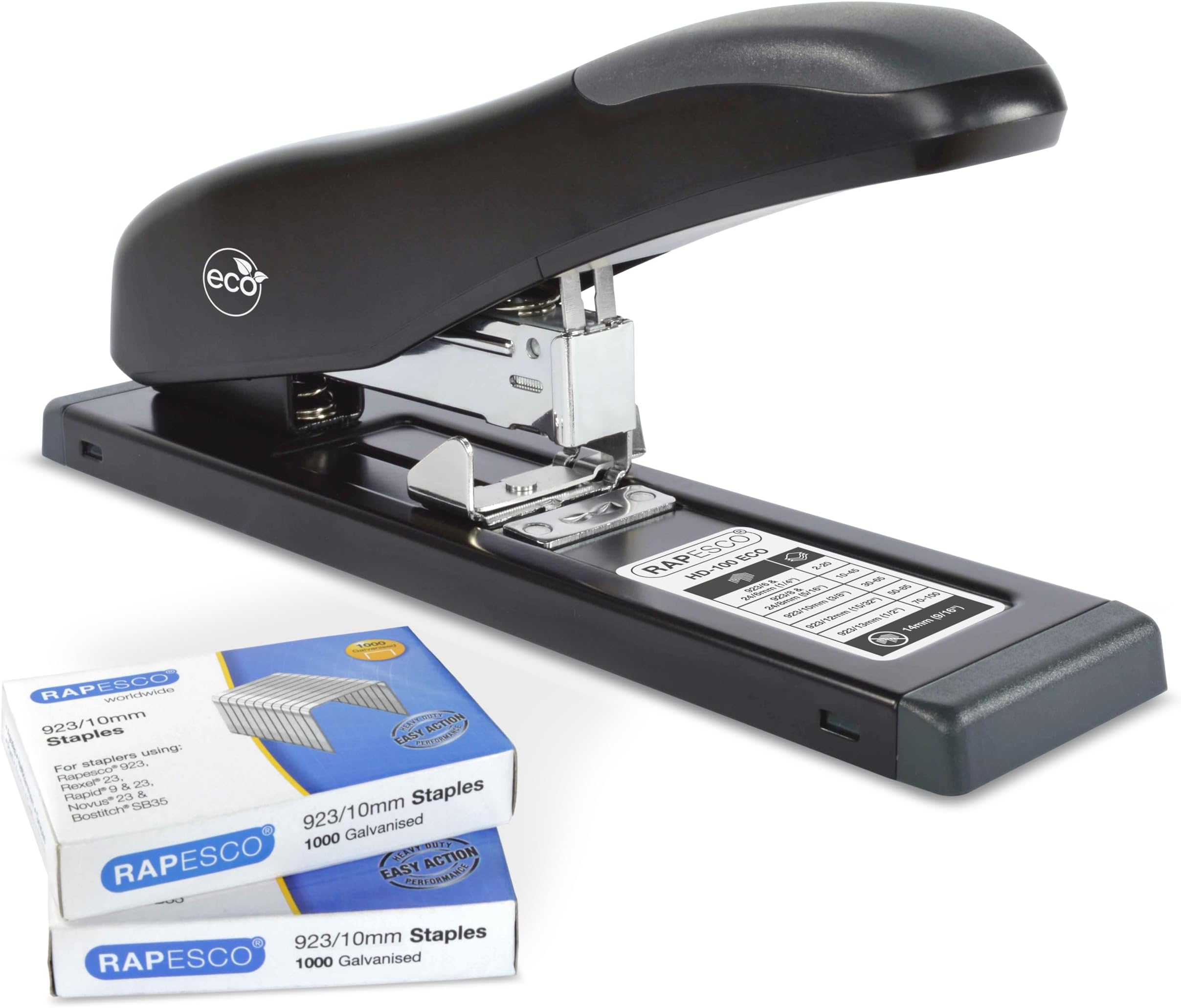 1307 ECO Heavy-Duty Stapler with 2000 Staples Type 923/10mm (3/8"), 100 Sheet Capacity, Uses Type 923 (1/4" to 1/2") and Type 24 High-Capacity (1/4" and 5/16") Heavy-Duty Staples, Black