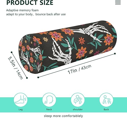 Miniatura 2 de JUNZAN Skulls Skeleton Bolster Pillow for Reading Bedding Essentials Round Neck Roll Pillow Round Pillow Insert 17 Inch for Round Bolster Cover with