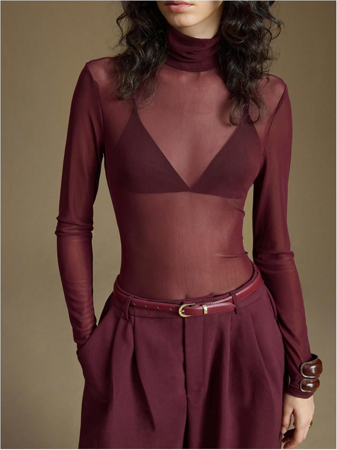 Women's Sheer Mesh Tops Turtle Neck Long Sleeve T Shirts Slim Fit Tops Fall Outfits - Image 3