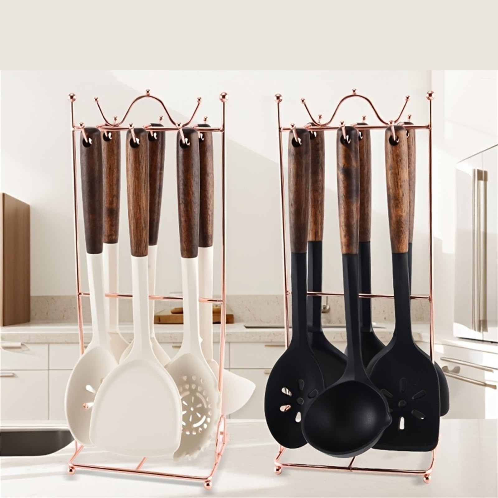 Juego de Utensilios Cocina Silicona, 7 Uds., Olla, Pala, Cuchara for Sopa, Garra Espagueti, Juego con Estante Almacenamiento, Conjunto domésticos para Cocina(Black)