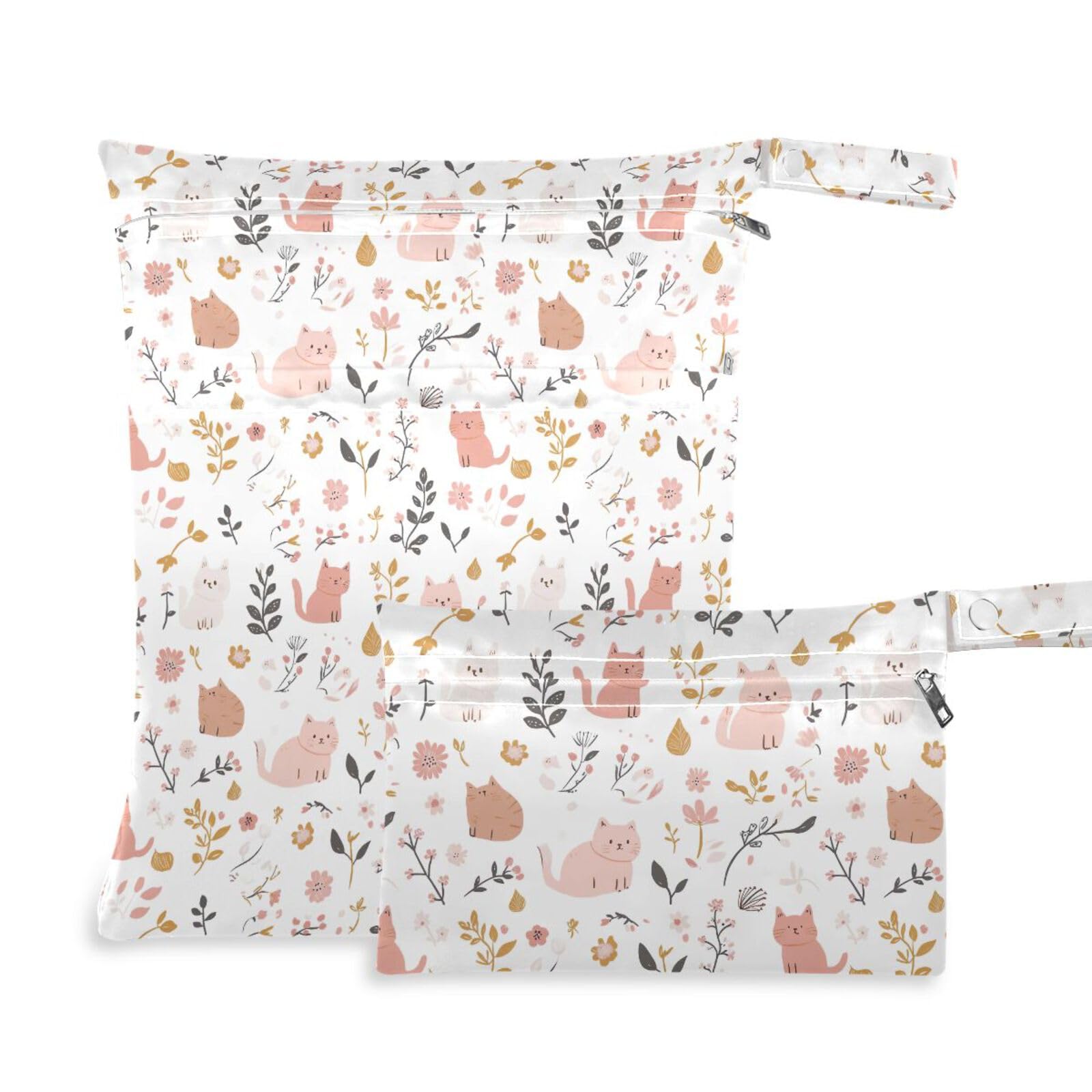 Coikll Wet Dry Bags for Cloth Diaper 2 Pack Waterproof Yoga Gym Bag for Swimsuit Wet Clothes Baby Items-?Leaves and Cats?