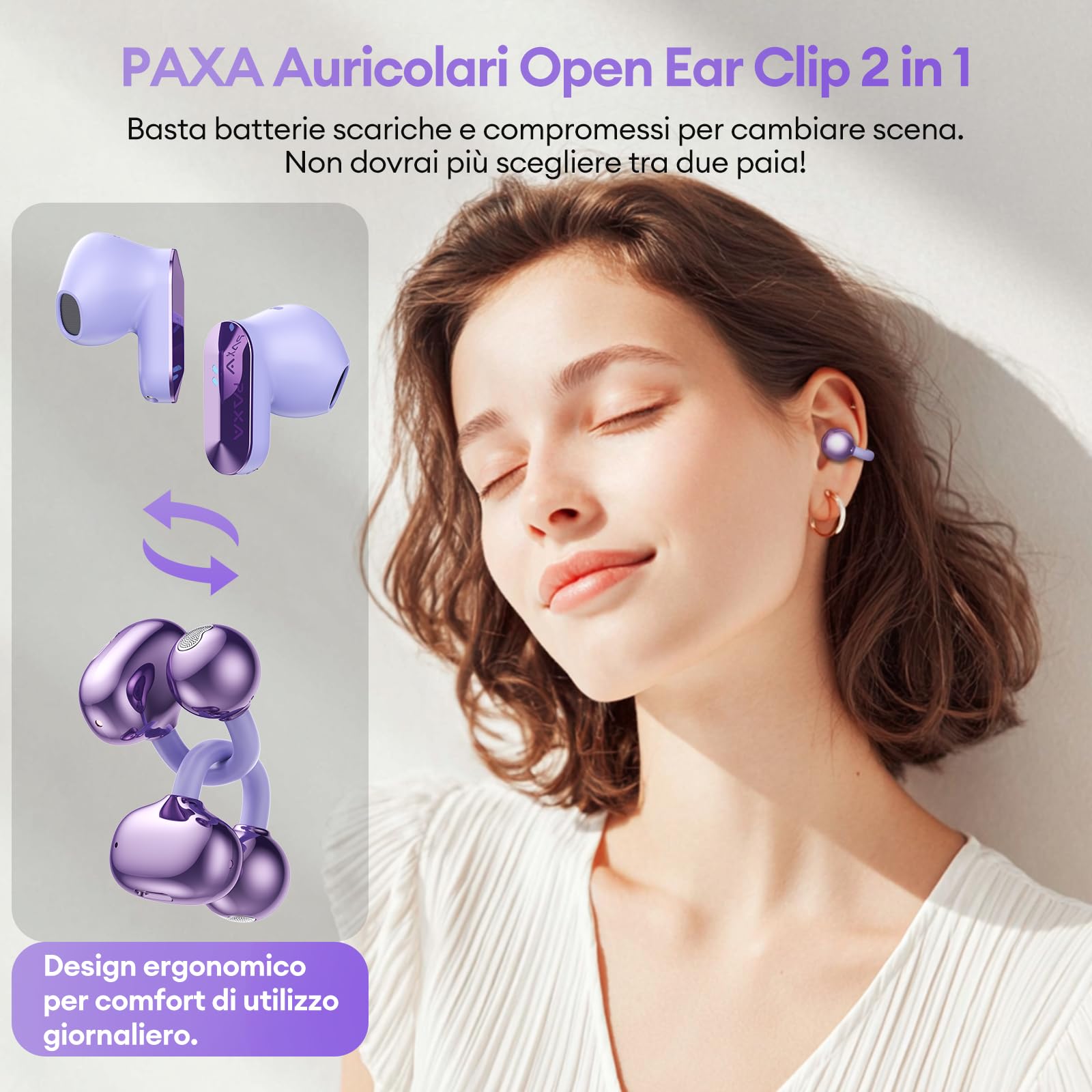 PAXA 2-in-1 Open Ear Bluetooth Ctbuds Purple - Dettaglio