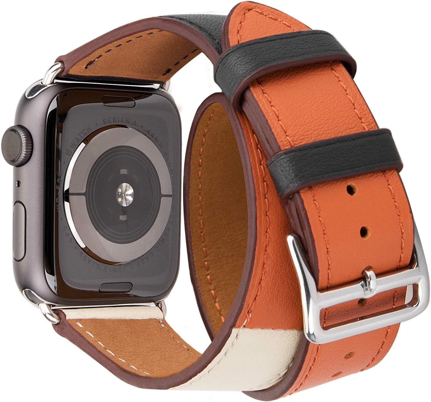 Genuine Leather Watch Band 40mm 38mm Wrist Strap Replacement for 40 mm Series 4 and Series 1 2 3 38 mm Replace Smartwatch Double Tour Loop Bracelet (Double -Indigo/Craie/Orange, 38/40 mm)