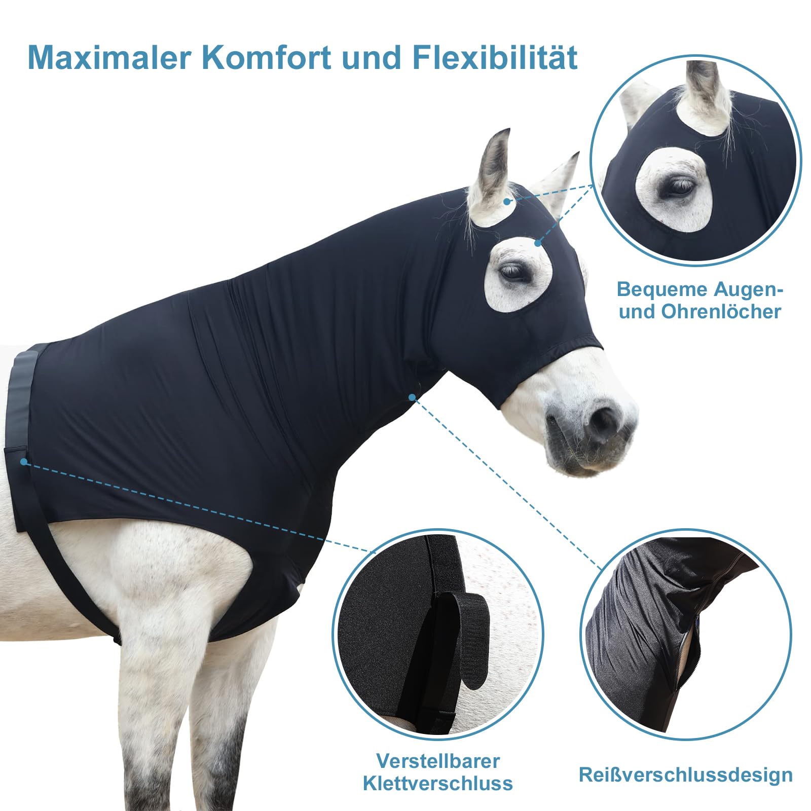 Capucha Elástica con Cremallera para Caballo Protección Cuello y Cabeza