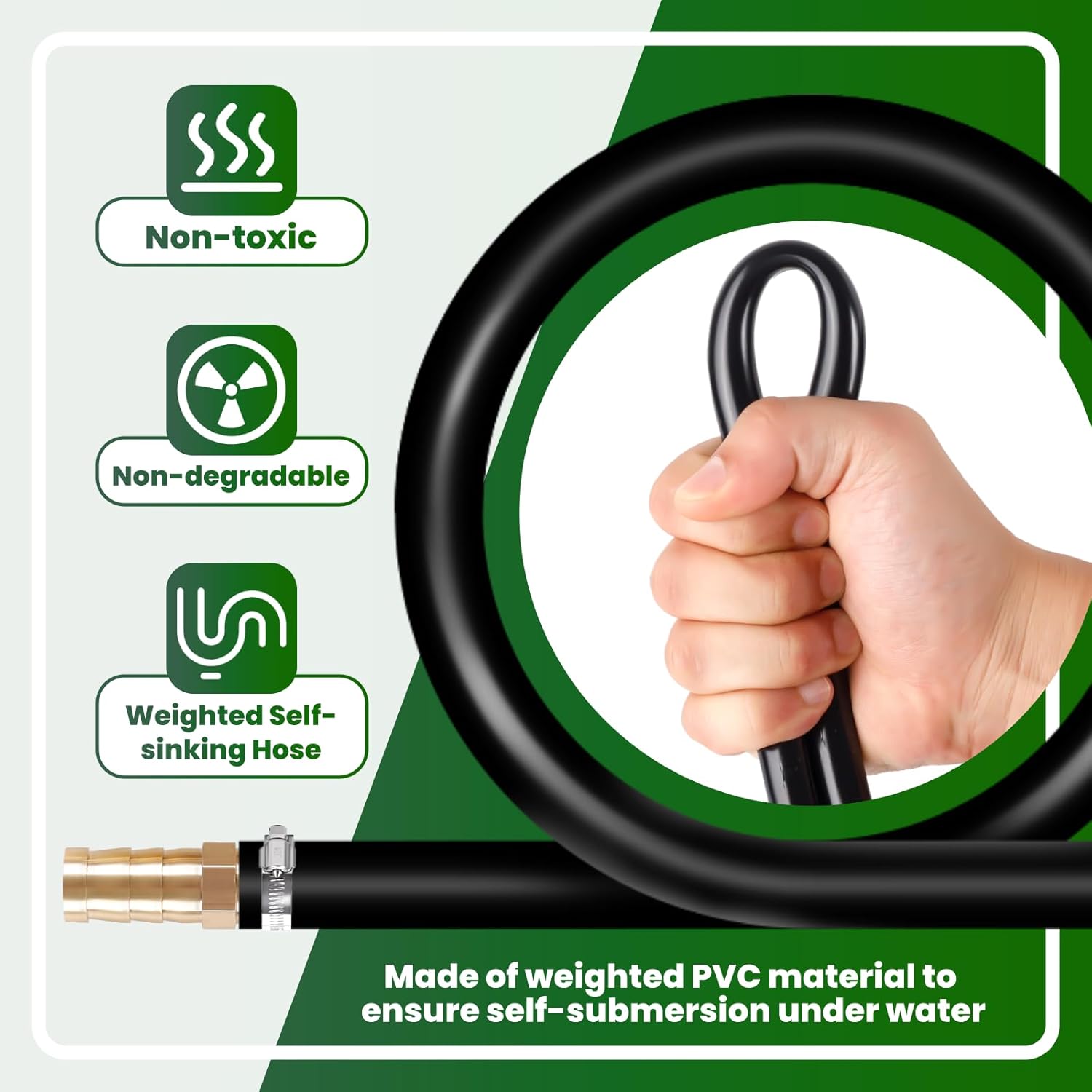 Black Self Sinking Aeration Hose, 3/8" Pond Aerator Hose Kit with 4 Copper Menders and 4 Stainless Steel, Weighted Pond Aerator Hose Kit for Fish Safe Water Circulation (656FT)