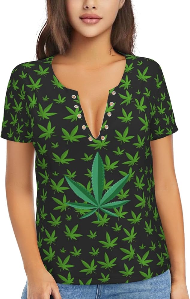 Weed Leaf Pot Cannabis Womens V Neck Tshirt Sexy Short Sleeve Soft T Shirt  Breathable Buttons Clothing at Amazon Women's Clothing store