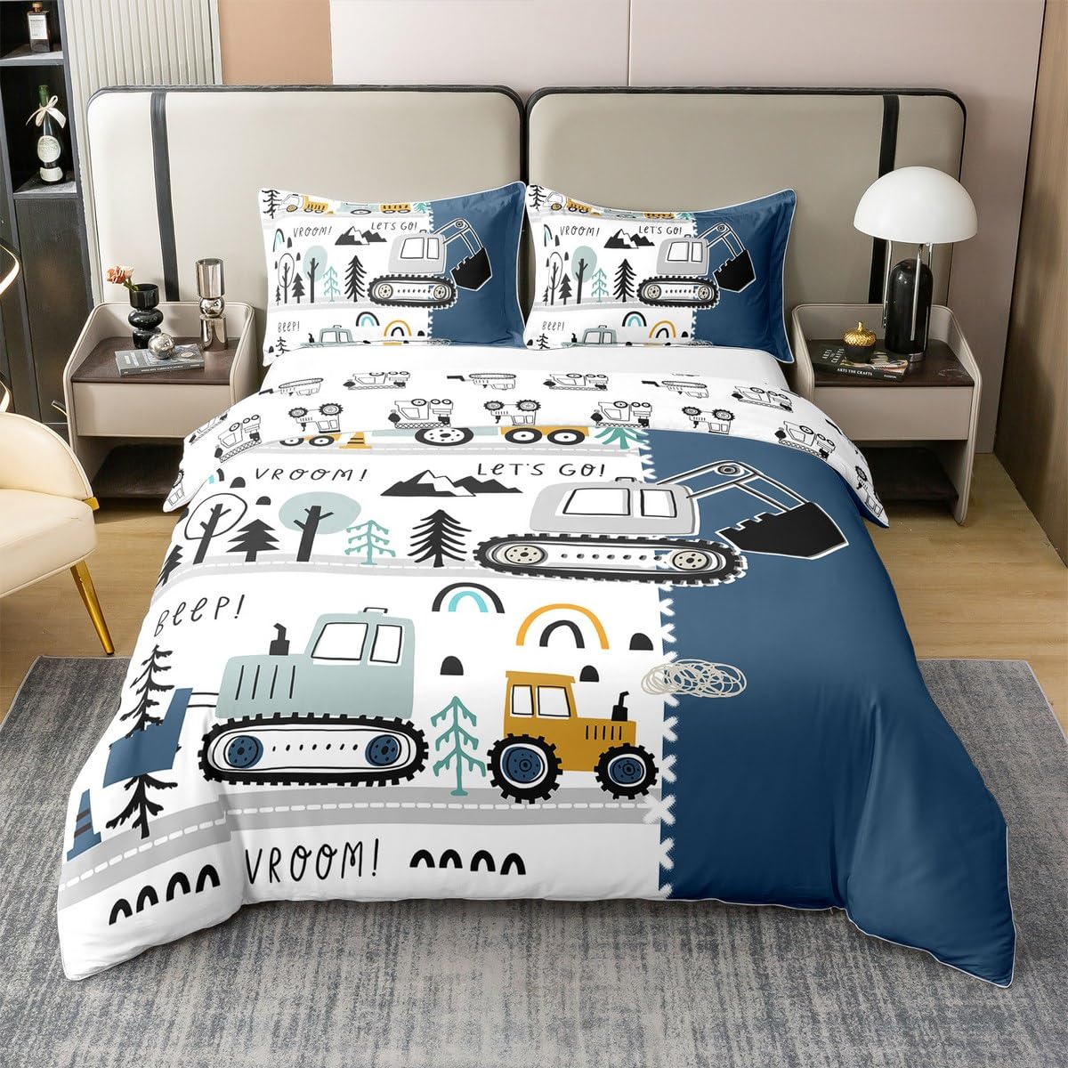 Erosebridal Pure Cotton Reversible Construction Full Size Bedding,Cartoon Truck Duvet Cover Comforter Set for Boys Excavator Vehicle Bedding,Kawaii Comfy Cozy Room Decor Blue