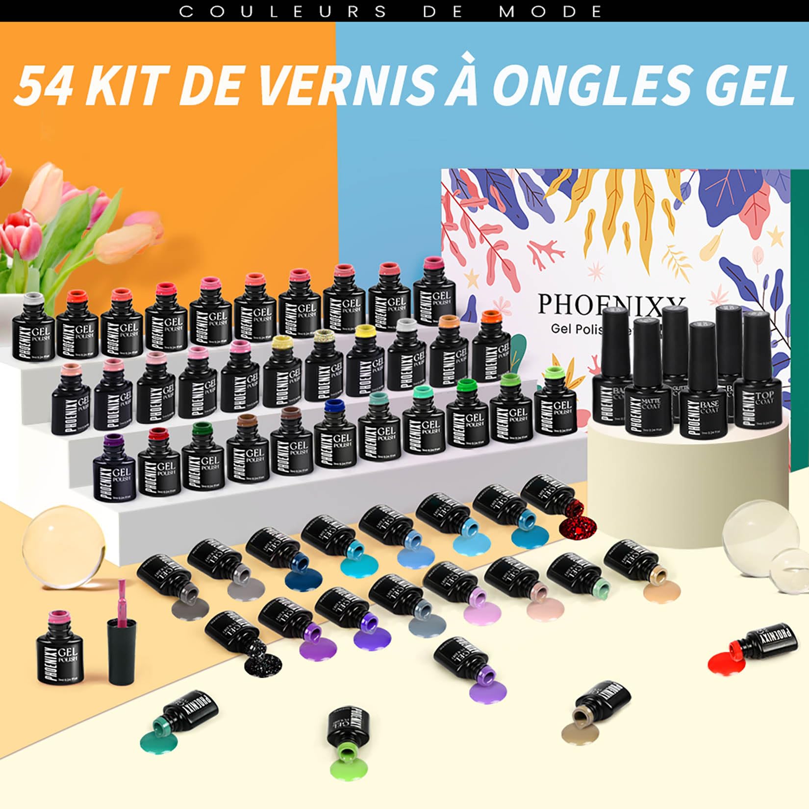 Phoenixy Vernis Semi Permanent, 60PCS Kit Vernis Semi Permanent avec Base et Top Coat de Pailleté Glossy Matte Jaune Rouge Vert Bleu Vernis à Ongles Cadeau Pour Femmes