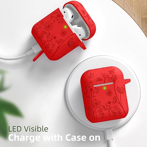 Miniatura 7 de Lerobo Funda con grabado de flores para AirPod, elegante protector de silicona suave con llavero compatible con Apple AirPods de 12 generación, LED