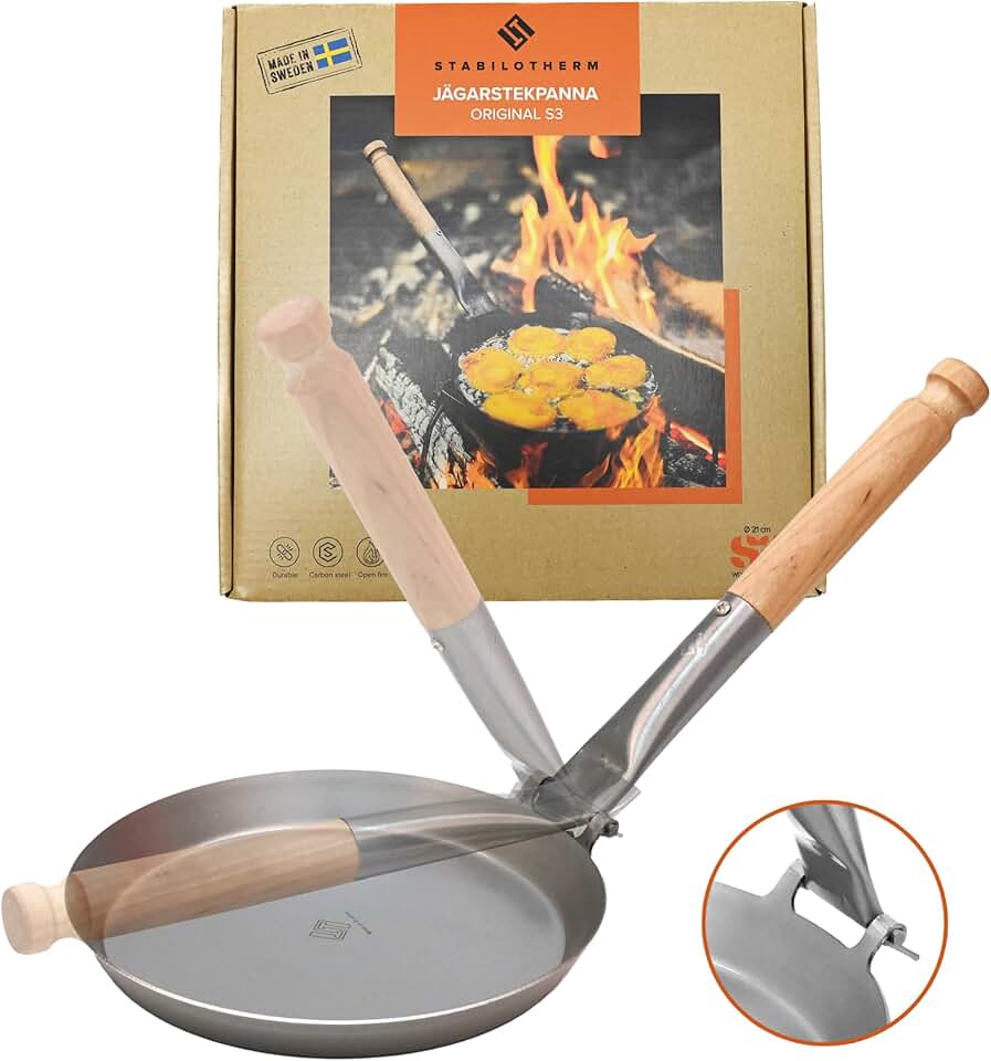 Stabilotherm JÄGARSTEKPANNA Original Carbon Steel Frying Pan with Foldable Birch Handle, for Outdoor Indoor Cooking, Camping, Travel-Friendly