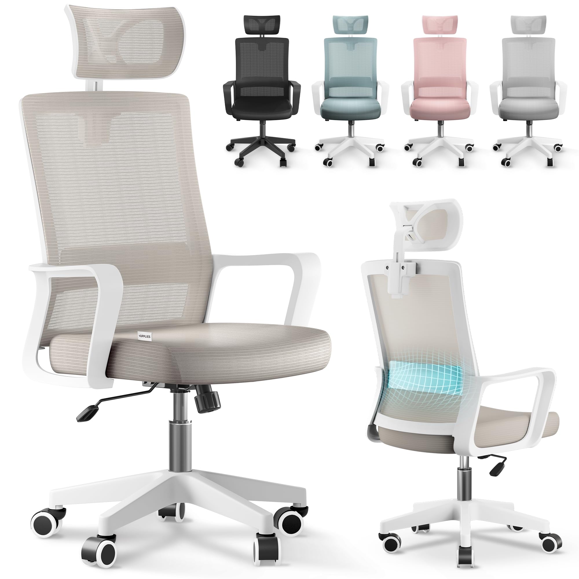 JUPPLIES Silla Escritorio Ergonomica - Silla Oficina Ajustable y Reclinable con Soporte Lumbar, Reposacabezas Ajustable, Malla Transpirable, Ruedas Giratorias 360° Soporta hasta 100kg (Beige)