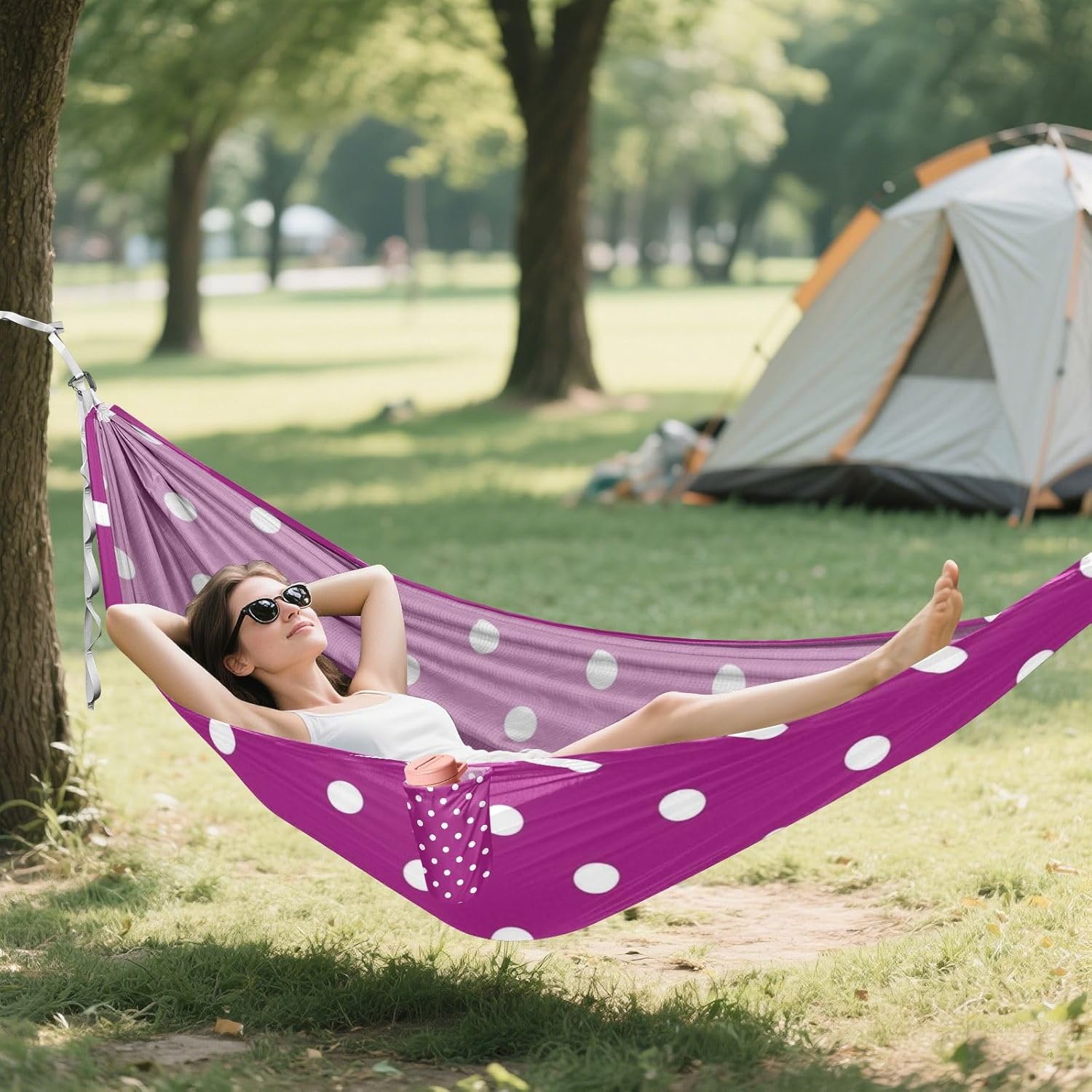 Polka Dots Purple Mid Century Modern Camping Hammock Indoor Hammock for Outside Beach Patio Garden
