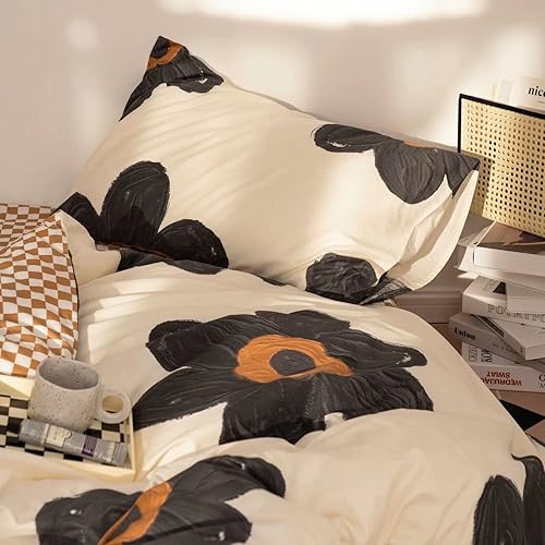 Miniatura 7 de Cottonight - Juego de edredón con 2 almohadas, floral, moderno, de algodón, bohemio, elegante, transpirable, ligero, individual, negro y blanco con