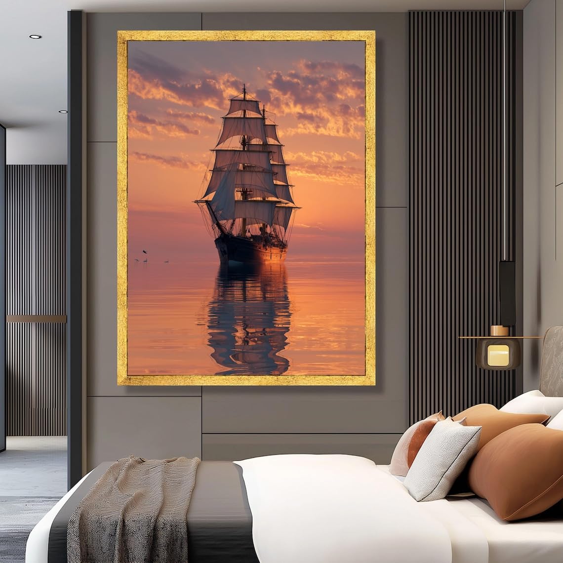 LMYCHENG Sunset Sailing Ship Canvas Wall Pictures, Ocean Reflection Painting, Nautical Print Mural(60x90cm/Frameless)