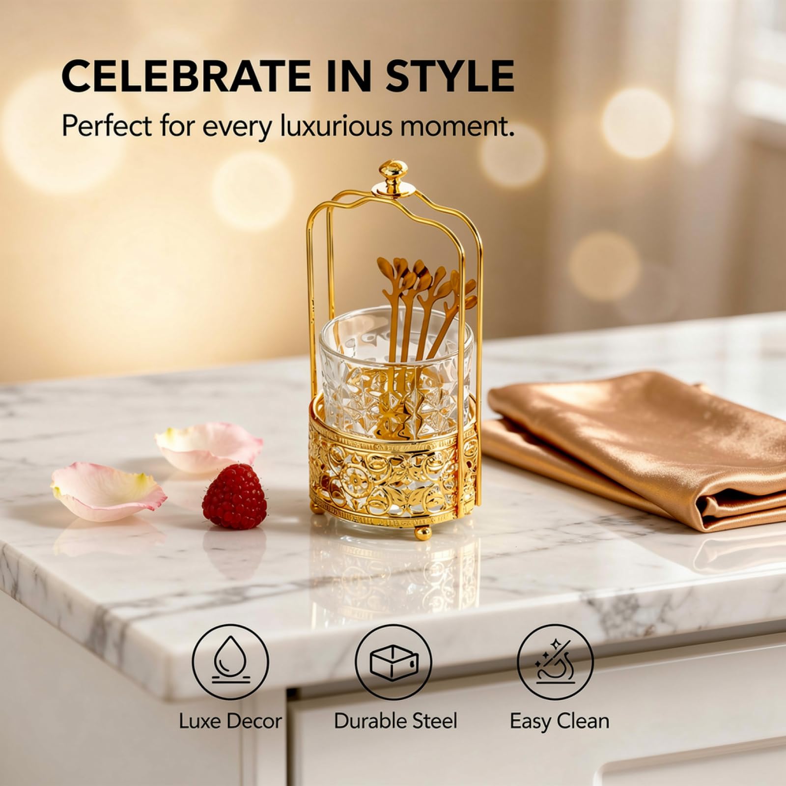 Pot à fourchettes avec 6 fourchettes à fruits dorées, support lune et étoile, fourchettes inox, manche en alliage, rangement décoratif, pour maison et fêtes