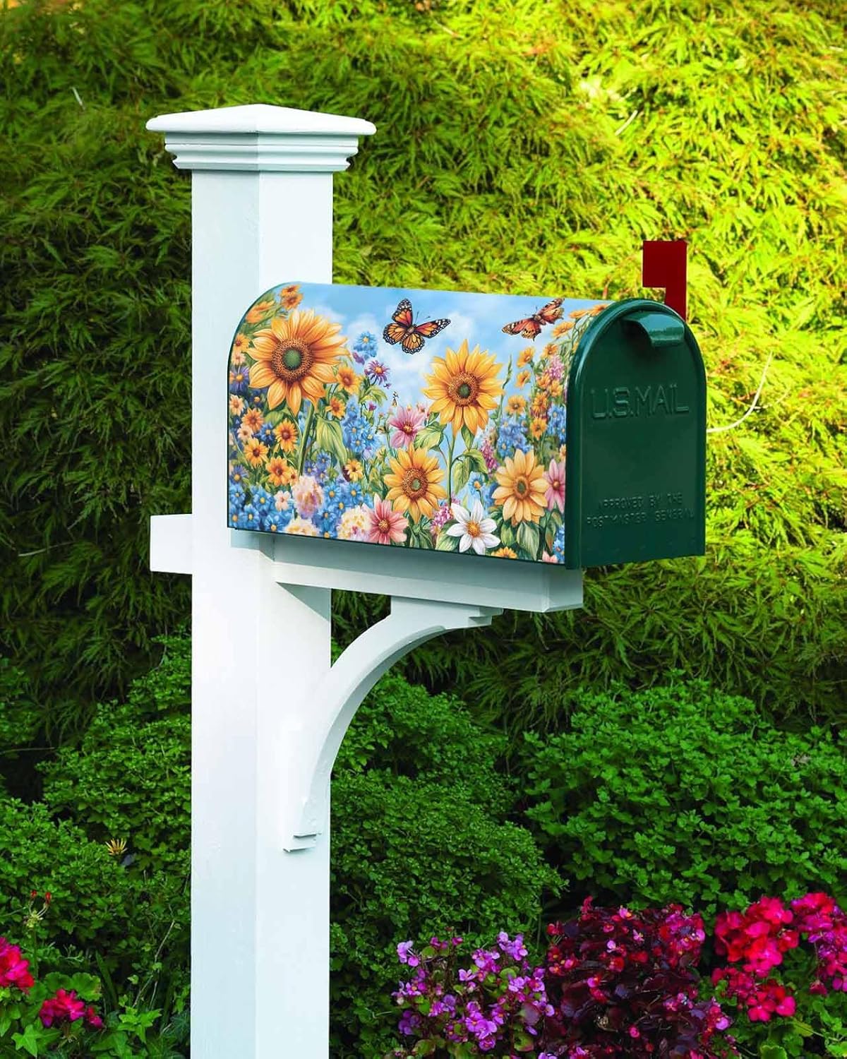 QueenKer Rustic Sunflowers Mailbox Covers Magnetic Oversize 21" x 25.5" Colorful Flowers Butterfly Replaceable Post Wraps Letter Box Cover Welcoming Outdoor Decoration for Yard Patio Garden