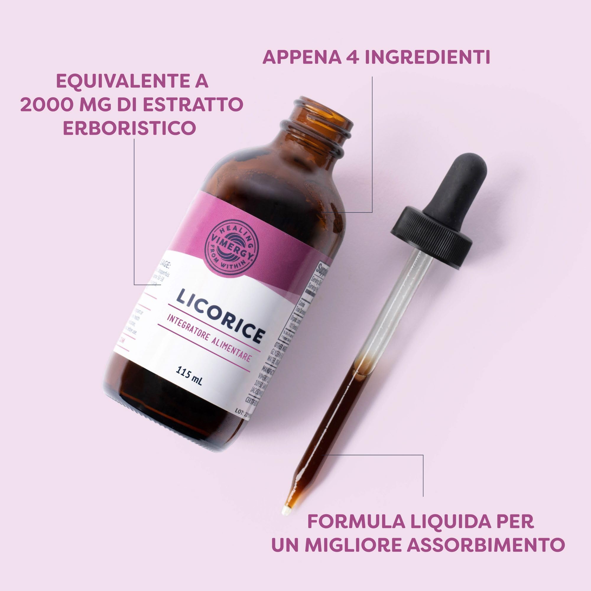 Vimergy Licorice, 57 Dosi – Estratto Liquirizia Liquida in Gocce – Integratore Vegano – Gocce di Liquirizia - Senza Zucchero né Leganti – Senza OGM e Senza Glutine (115 ml)
