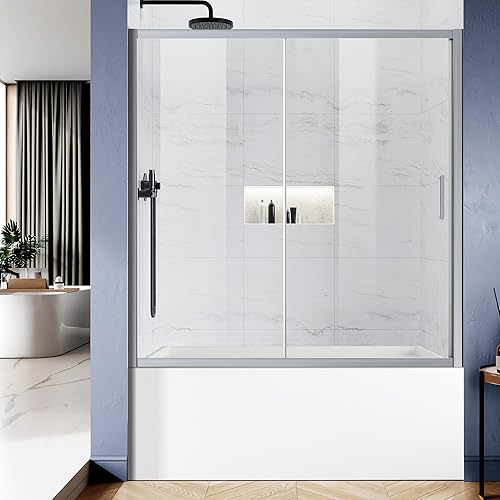 Miniatura 12 de Puerta de vidrio para ducha de baño, puerta de vidrio para ducha de bañera de 43 x 58 pulgadas, panel de pantalla de vidrio templado, puerta