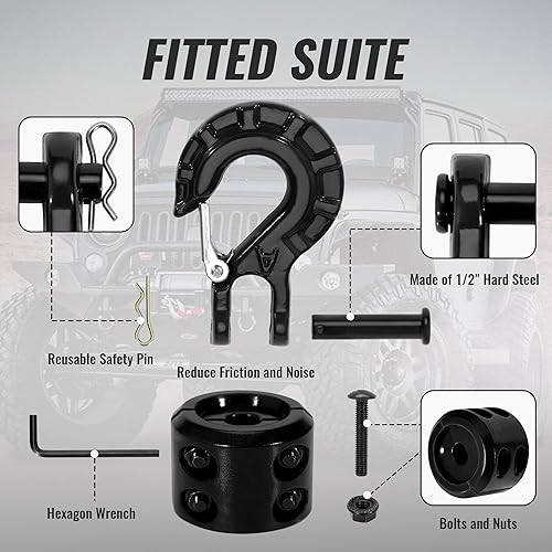 Miniatura 5 de FSUON Gancho de cabrestante con tapón de gancho para cable de cabrestante, juegos de ganchos de cabrestante resistentes de 38 pulgadas, acero