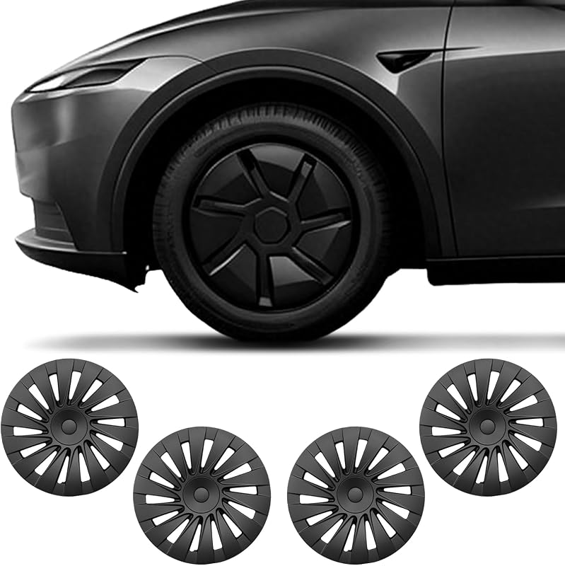 4PCS Matte Black Hub Caps for Tesla Model Y 2026 18" Standard Wheel Cover, Base Blade Style Replacement Set with ABS Durable Material (Black, 18 inch)