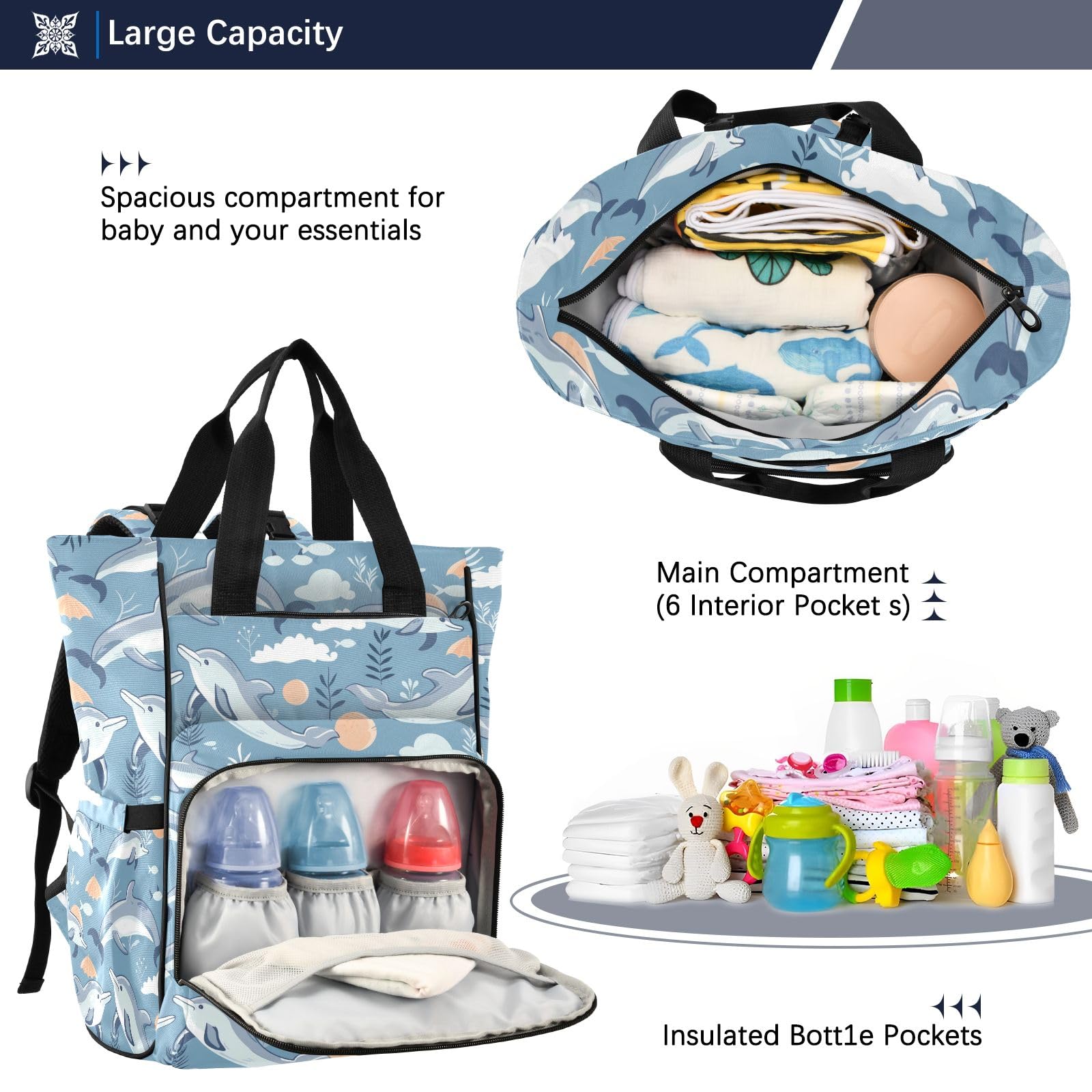 Mnsruu Sea Beach Dolphin Baby Diaper Bag Zaino Grande Borsa Impermeabile Viaggio Pannolino Borse per Mamme e Papà