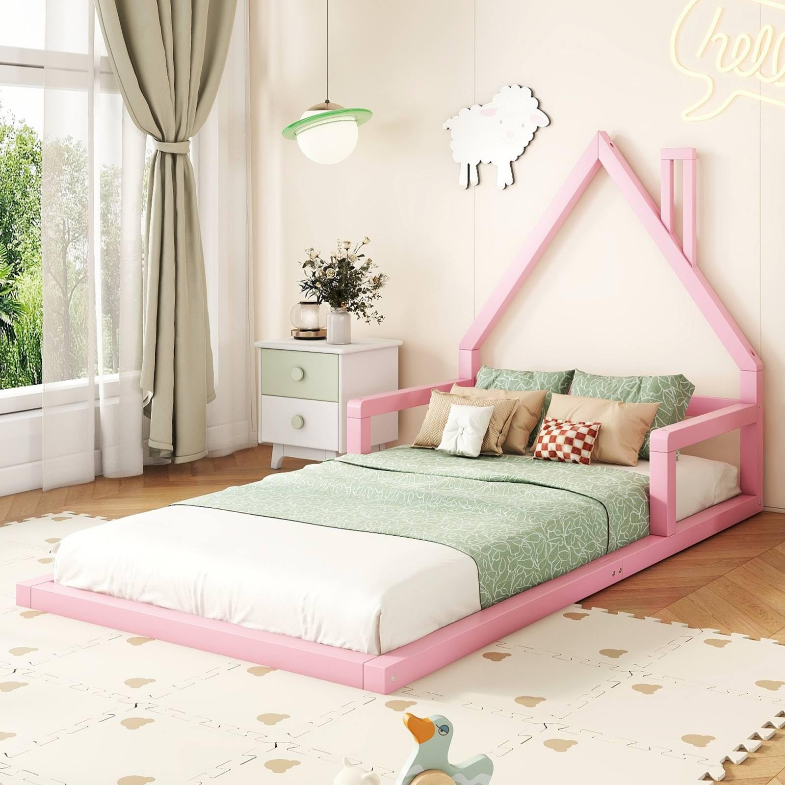 PUGSDRLY Lit Enfant 90x200cm, Lit Plaqué Pin Massif 1 Place, Forme Maison