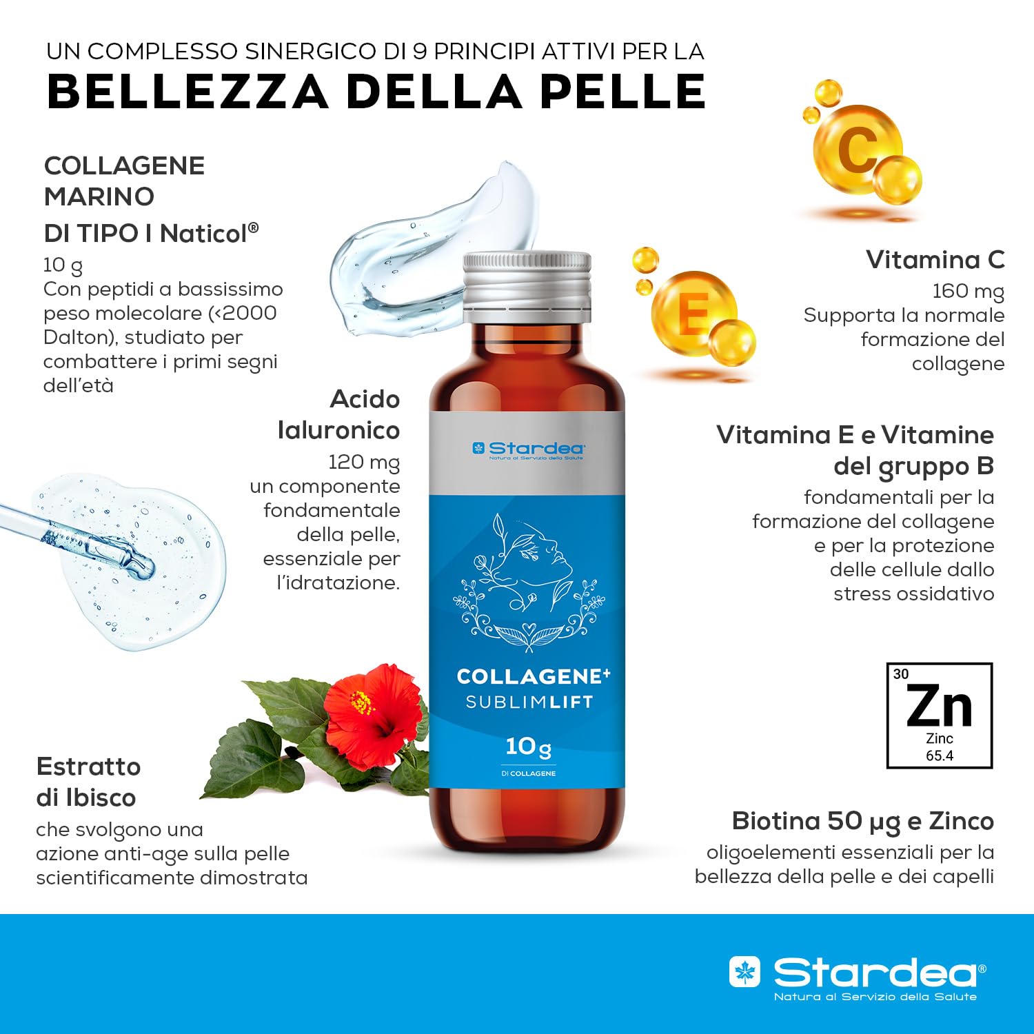 COLLAGENE MARINO E ACIDO IALURONICO | 10g COLLAGENE MARINO IDROLIZZATO CON ACIDO IALURONICO + VITAMINA C + BIOTINA + ZINCO | Collagene da Bere 10 FLACONI | STARDEA COLLAGENE+ SUBLIMLIFT SHOT